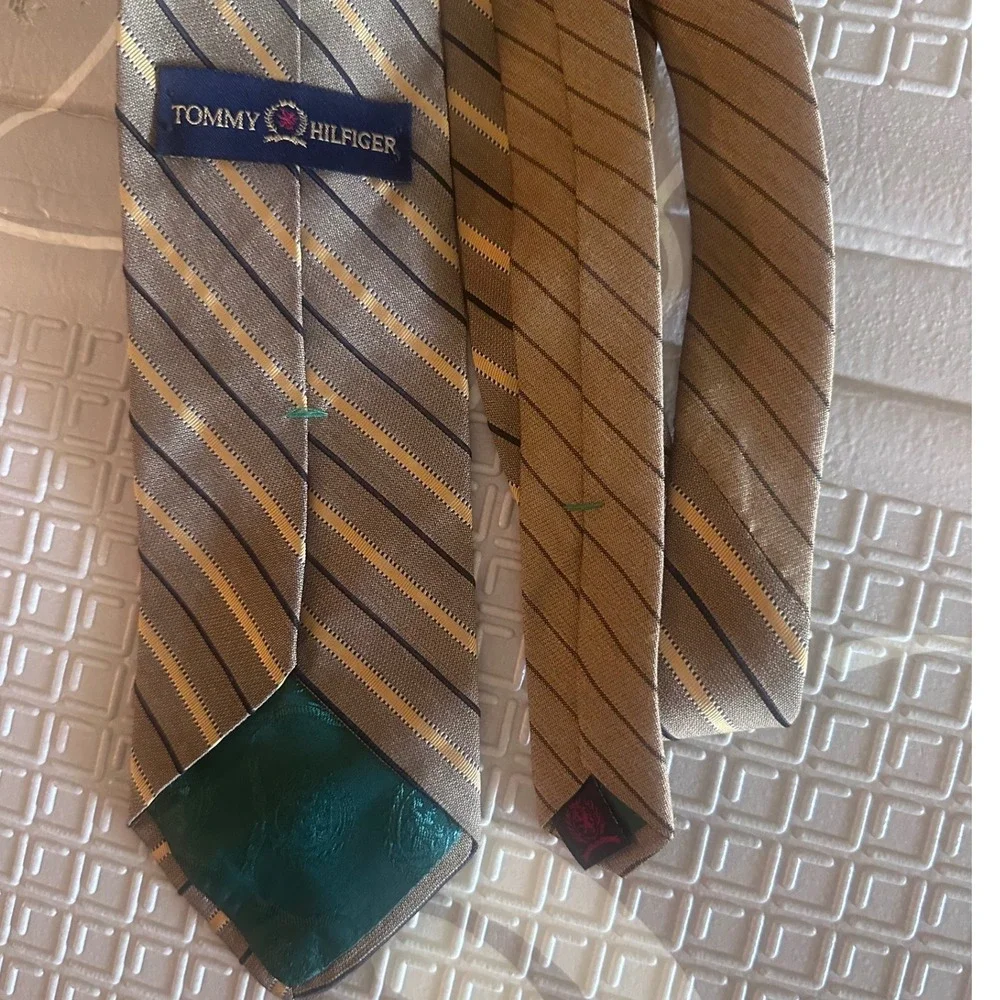 Tommy Hilfiger Mens Silk Tie Brown Gold Navy Blue Diagonal Striped Classic